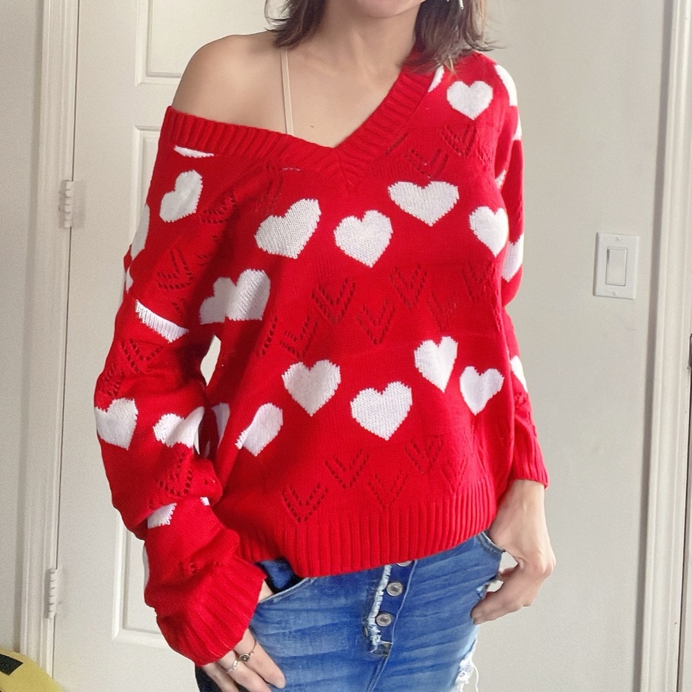 010 Cozy Red Heart Print Vday Valentine’s Day Sweater Top